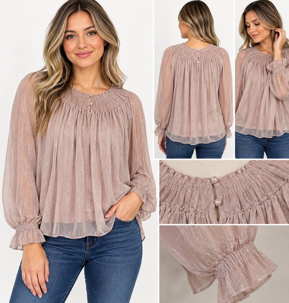 DO+BE Women's S Blush Pink Metallic Shimmer Sheer Balloon Sleeve Boho Blouse NWT